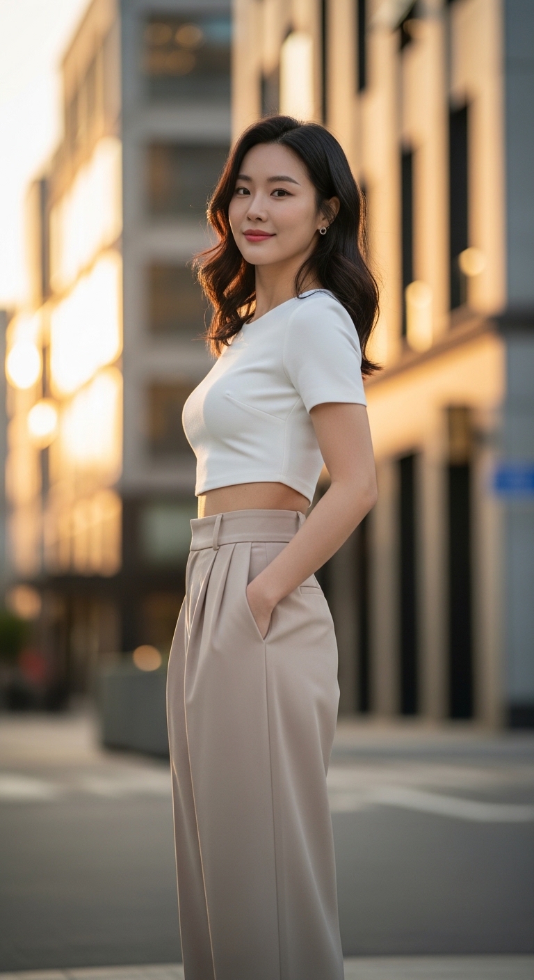 화이트 크롭탑과 베이지색 하이웨스트 와이드 슬랙스를 매치한 코디