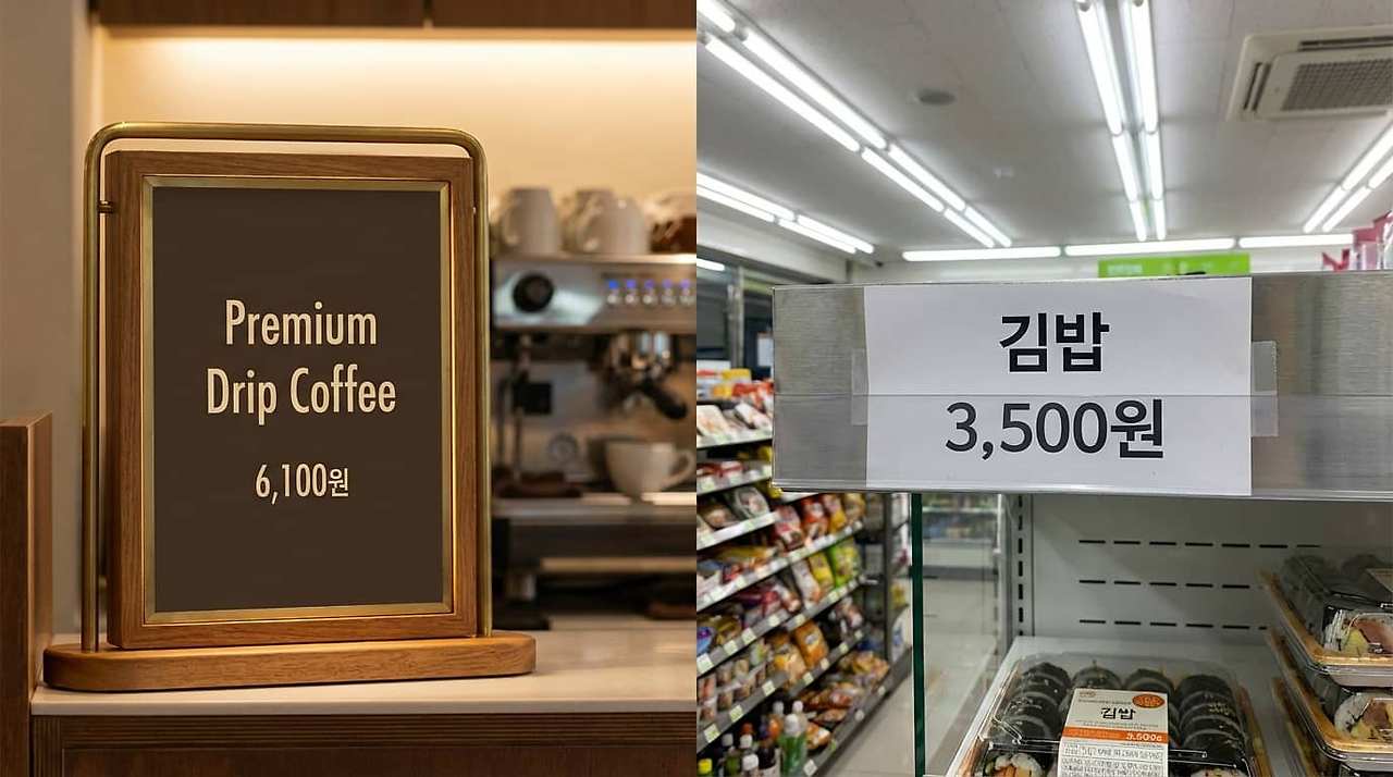 스타벅스 메뉴판 6,100원과 편의점 김밥 3,500원 가격표 비교 이미지