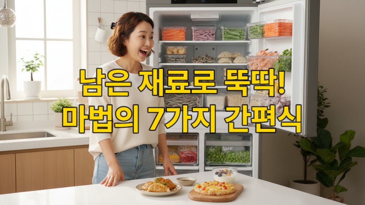 냉장고가 비어있지만 냉동실에서 식재료를 발견하고 환하게 웃는 젊은 한국 여성. 냉동실에는 소분된 채소와 해물, 만두 등이 깔끔하게 정리되어 있고, 식탁 위에는 냉동 재료로 만든 간편식 요리들이 놓여있다.