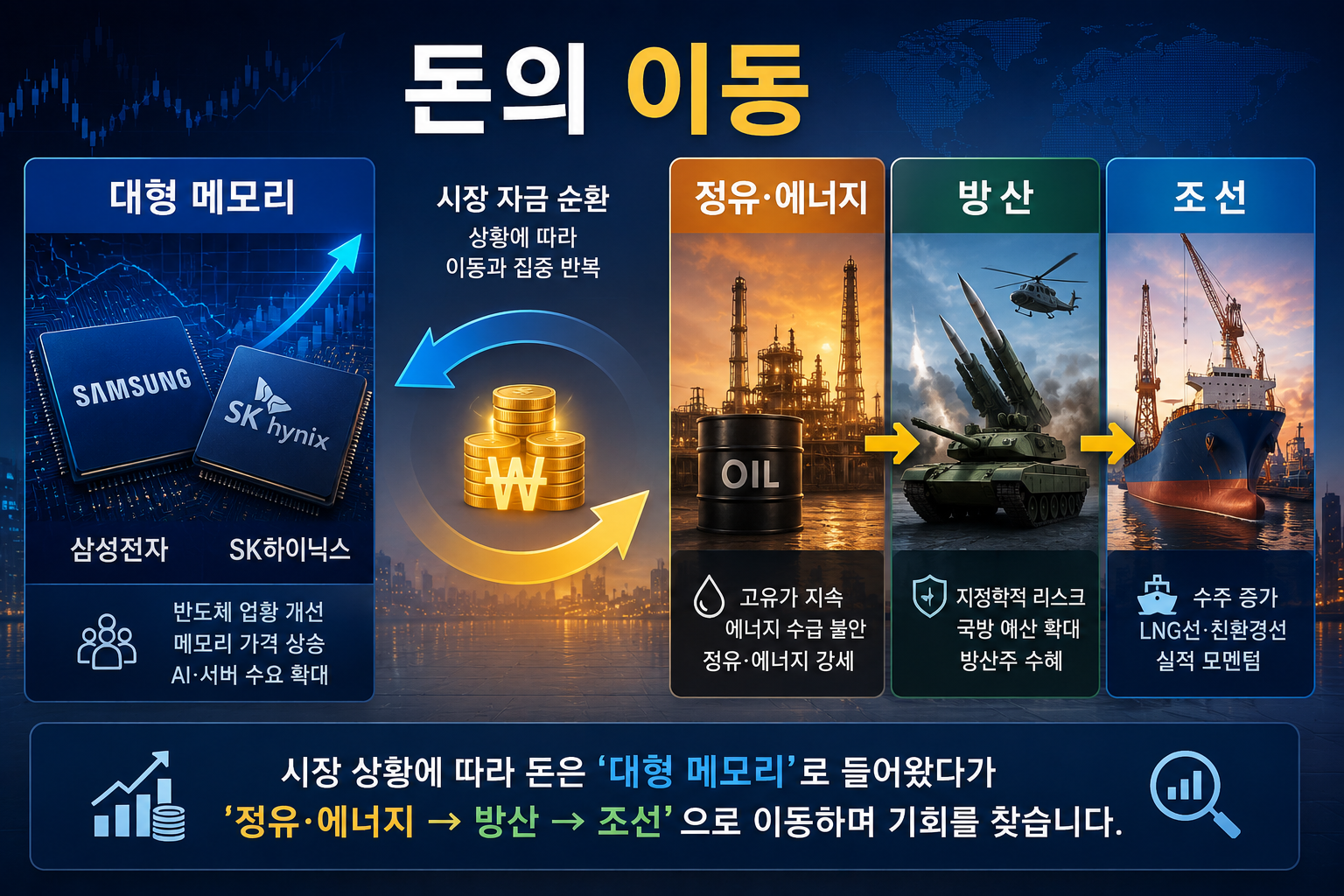 반도체 대형주와 정유 에너지 방산 조선주 간 자금 로테이션 구조