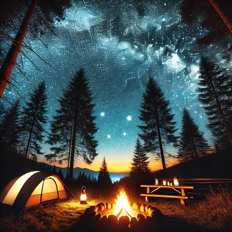 A stunning view of the night sky from a campsite., 캠핑장 밤하늘