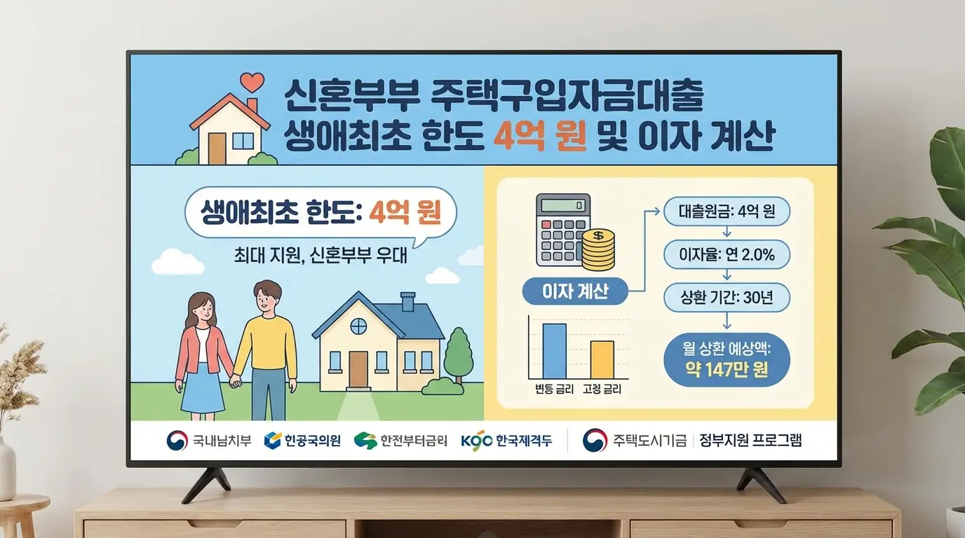 신혼부부 주택구입자금대출 생애최초 한도 4억 원 및 이자 계산