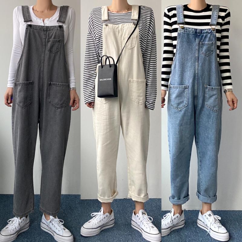 여성 여름 캐주얼 데님 멜빵바지 오버롤 청 점프수트