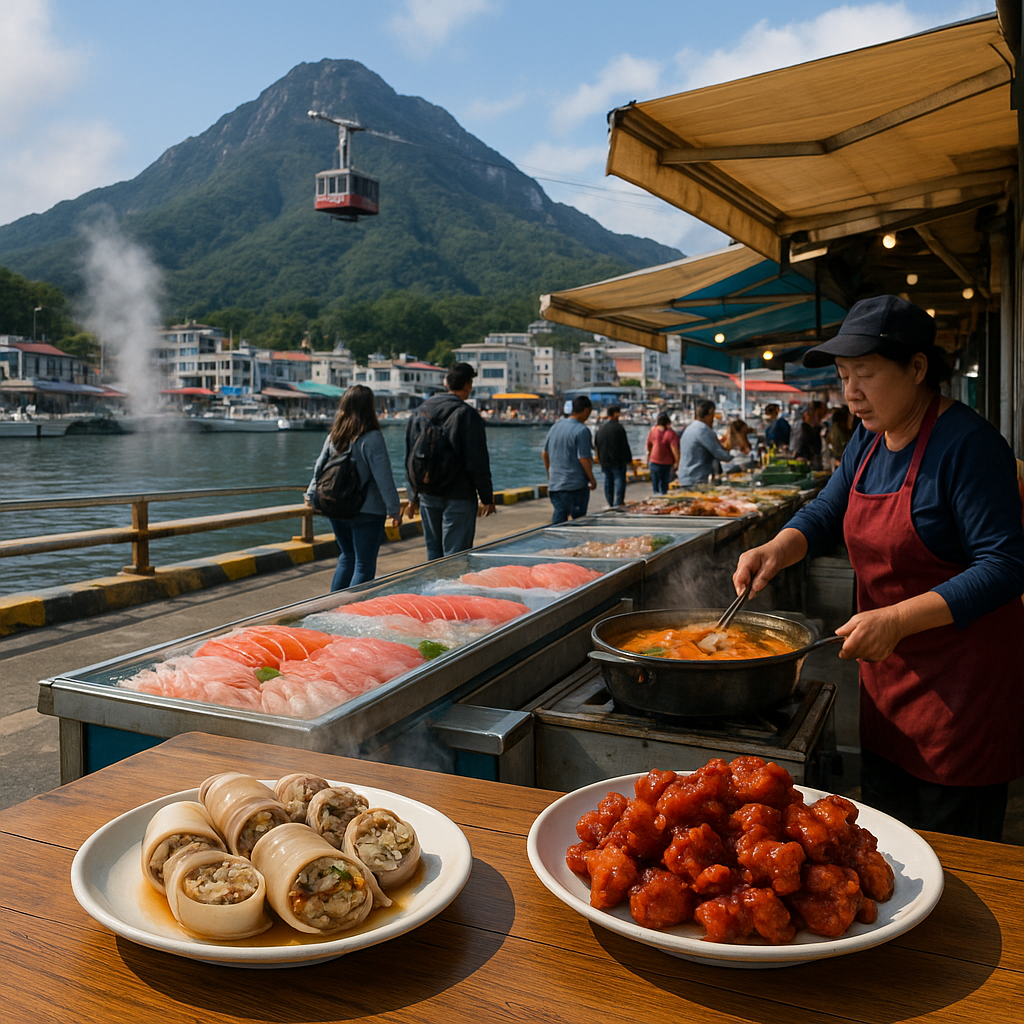 속초의 바다와 설악산 풍경을 배경으로 오징어 순대, 닭강정, 생선회, 해물탕이 어우러진 활기찬 먹거리 시장 풍경