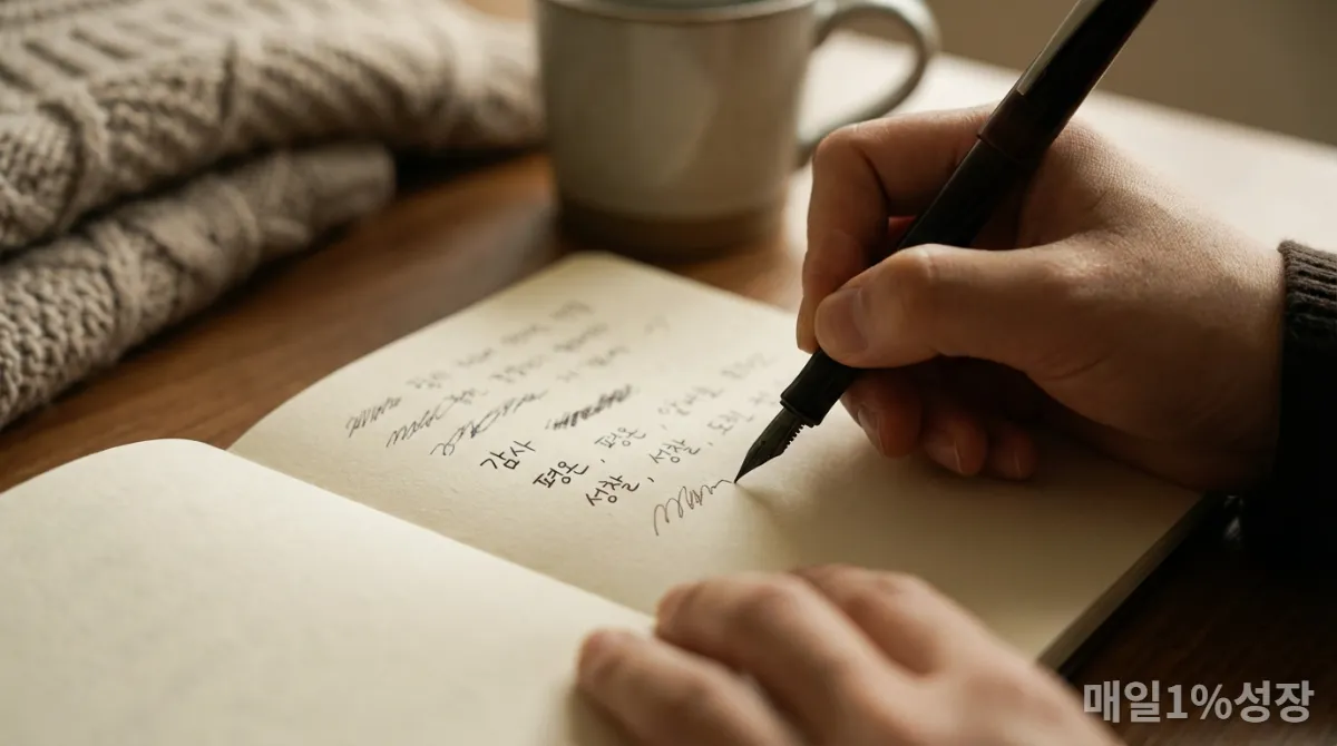 감정 일기를 쓰며 자신을 돌아보는 손의 클로즈업