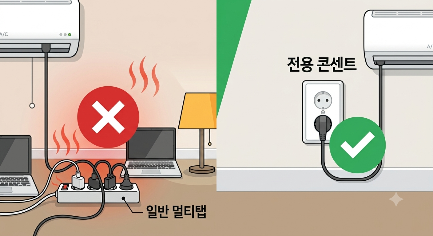 과부하로 화재 위험이 있는 일반 멀티탭과 안전한 에어컨 전용 벽면 콘센트 비교