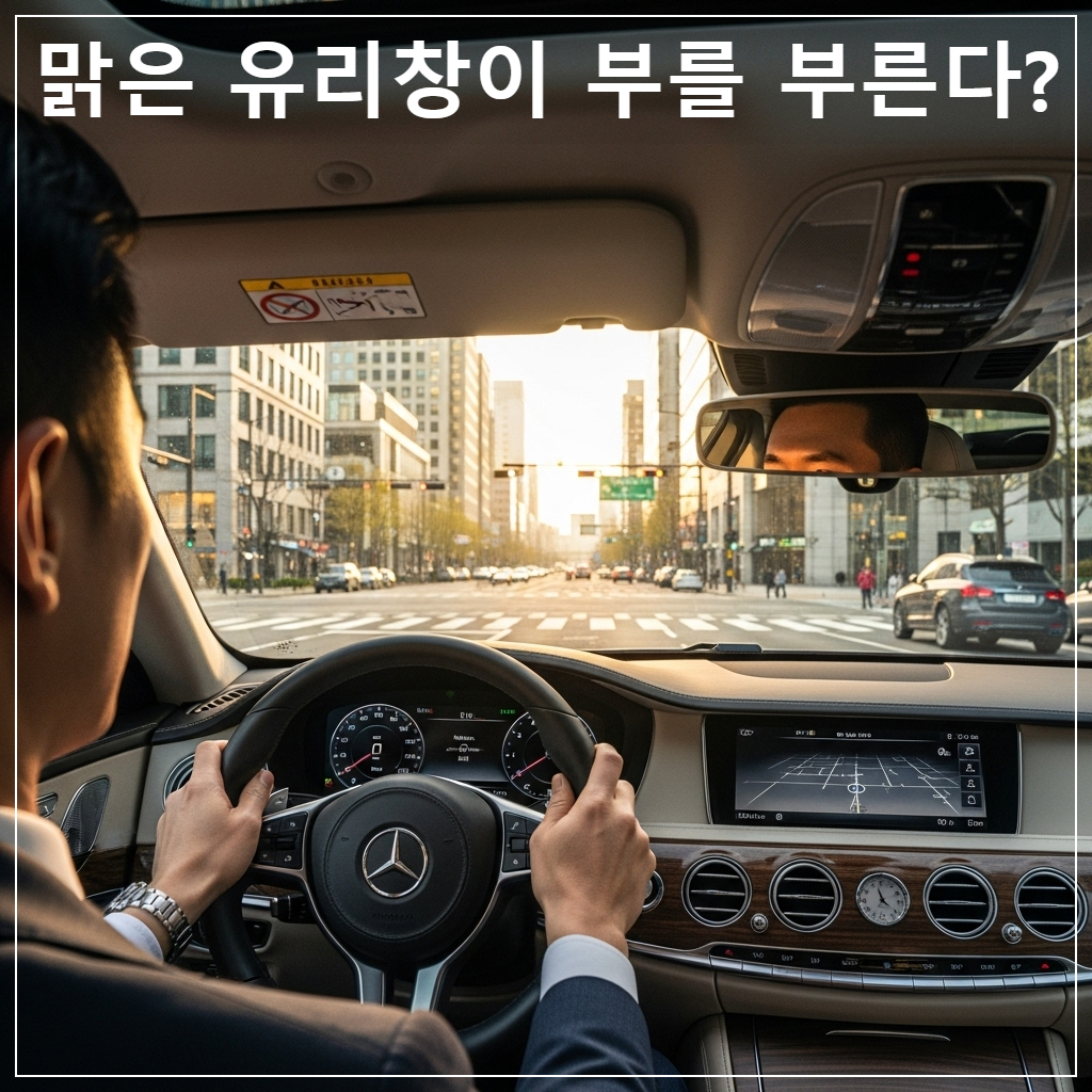 맑고 투명한 자동차 앞유리 너머로 황금빛 햇살이 내리쬐는 세련된 도심 도로가 펼쳐져 있으며, 성공적인 분위기의 한국인 남성 운전자가 명료한 시야로 전방을 응시하며 핸들을 잡고 있는 고화질 이미지