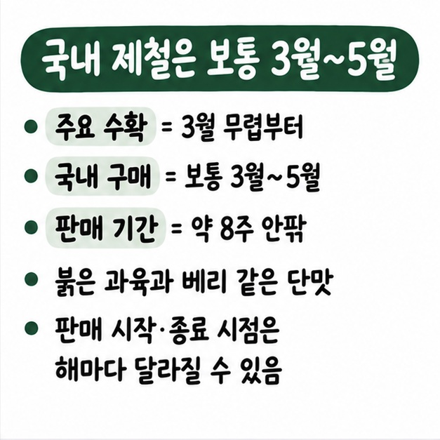 루비레드키위는 국내에서 보통 3월~5월에 판매되고 시즌이 약 8주 안팎으로 짧다는 제철 정보 카드