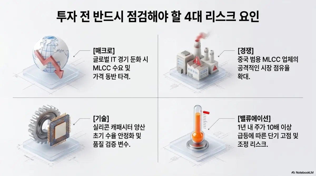 삼성전기 주가 전망: 삼성전기 투자 전 반드시 점검해야 할 4대 리스크 요인을 정리한 인포그래픽. 매크로 글로벌 경기 둔화와 경쟁 중국 범용 MLCC 점유율 확대 그리고 기술 실리콘 캐패시터 양산 수율 변수와 밸류에이션 단기 고점 조정 리스크를 시각적으로 전달하며 블로그의 삼성전기 투자 리스크 체크포인트와 관련된 내용을 설명한다