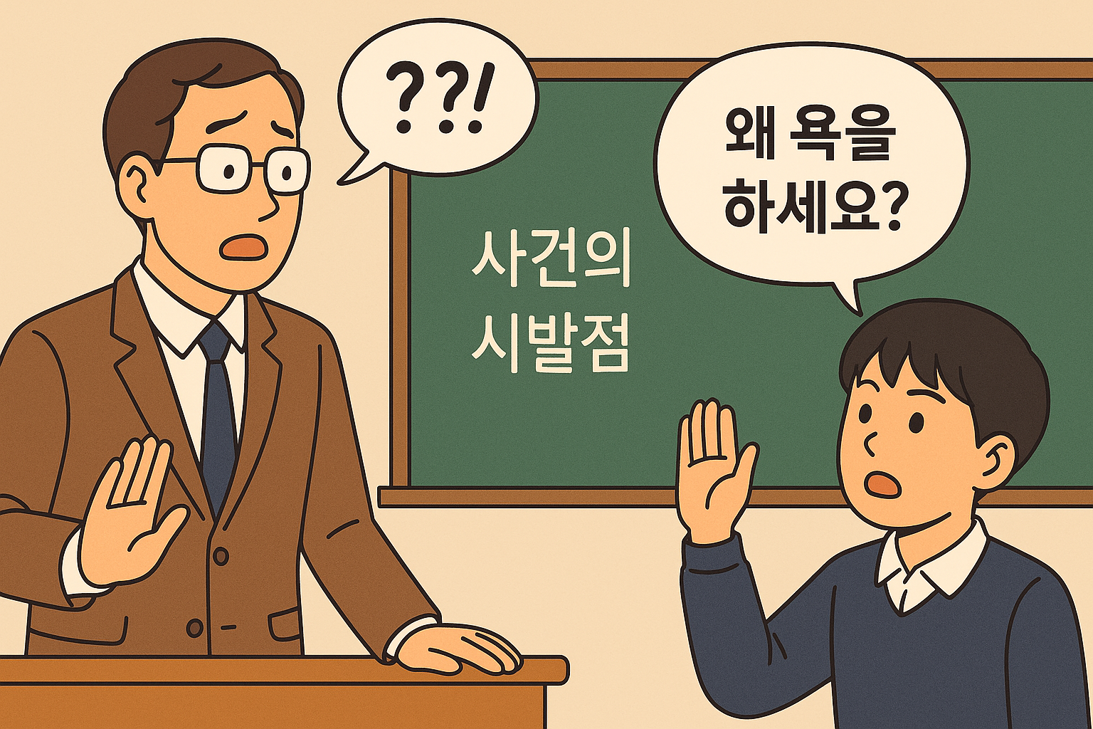 “사건의 시발점이 뭐냐”는 질문에 “왜 욕을 하세요?" 라는 답하는 중학생에 당황하는 선생님 이미지를 일러스트 썸네일