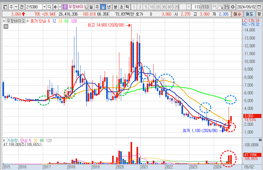 우정바이오 주가 월봉 차트 분석
