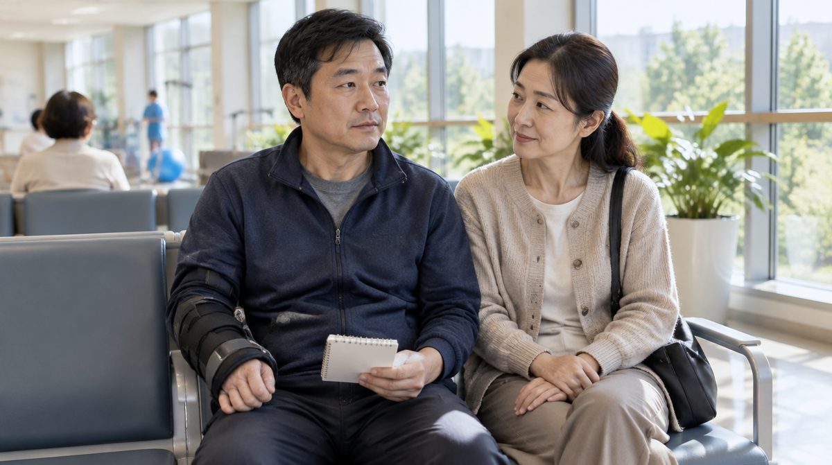 외래 재활치료 대기실에서 진료 일정을 확인하는 환자와 보호자