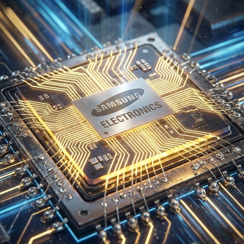 금빛 회로가 빛나는 반도체 칩 접사 이미지