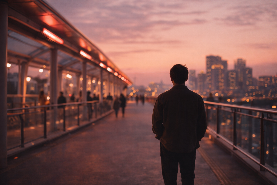부드러운 저녁빛의 도시 보행로를 한 남자가 혼자 걷는 따뜻하고 쓸쓸한 분위기의 장면