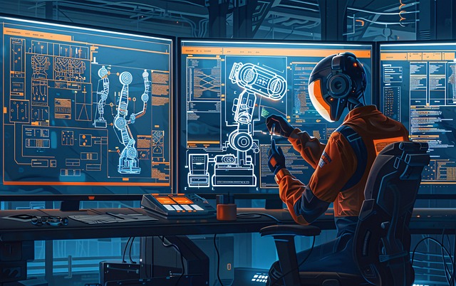 첨단 헬멧과 작업복을 착용한 AI 분석가가 여러 개의 대형 홀로그램 모니터 앞에서 신약 개발과 관련된 로봇 설계도와 데이터를 검토하는 장면. 미래형 연구 환경에서 AI가 핵심 역할을 수행하는 모습을 표현함.