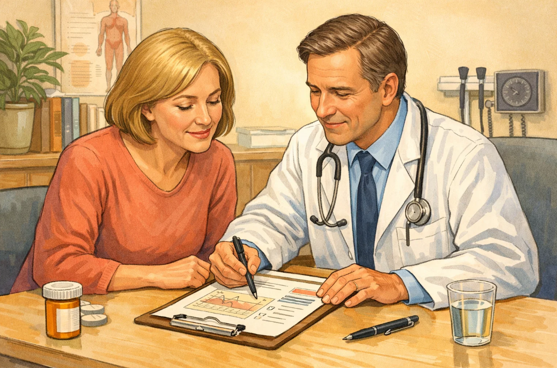 의사가 당화혈색소 검사 결과를 바탕으로 환자에게 설명하는 장면