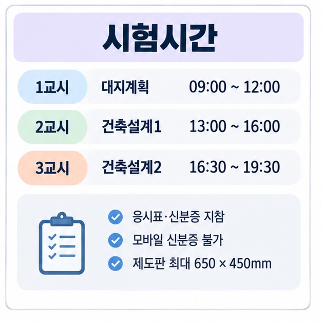대지계획 건축설계1 건축설계2의 시험시간과 응시표 신분증 제도판 등 시험 준비사항을 정리한 이미지
