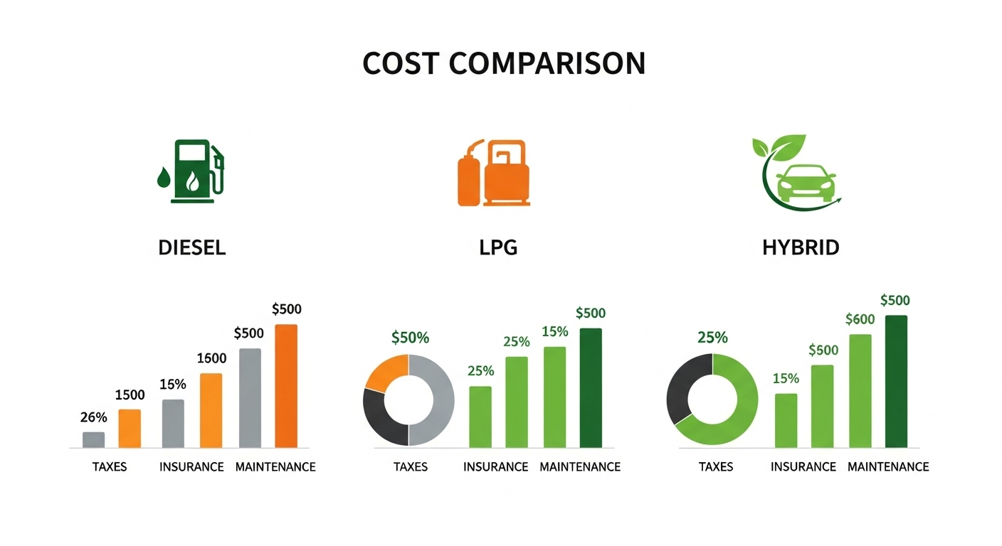 경유차, LPG차, 하이브리드차의 세금, 보험료, 정비 비용을 비교하는 인포그래픽