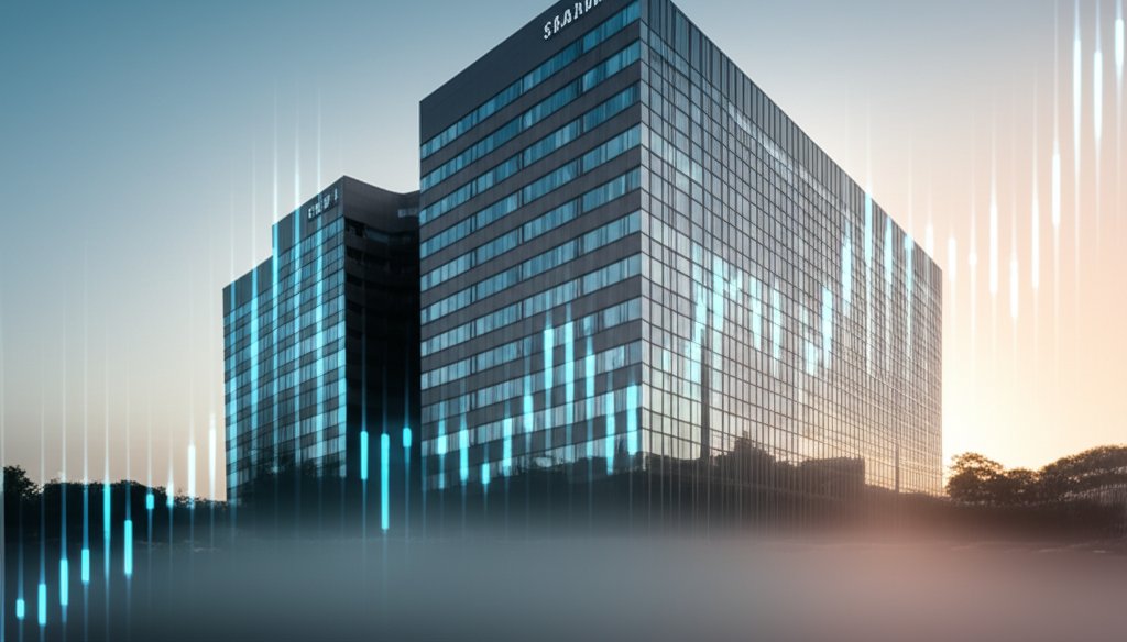 새벽녘 삼성전자 건물과 변동성 주식 차트, 시네마틱 히어로 이미지