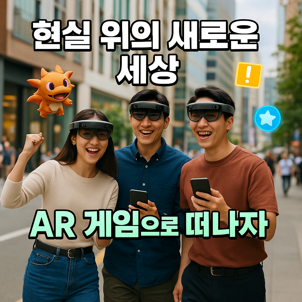 도심 거리에서 AR 게임을 즐기는 세 명의 친구들