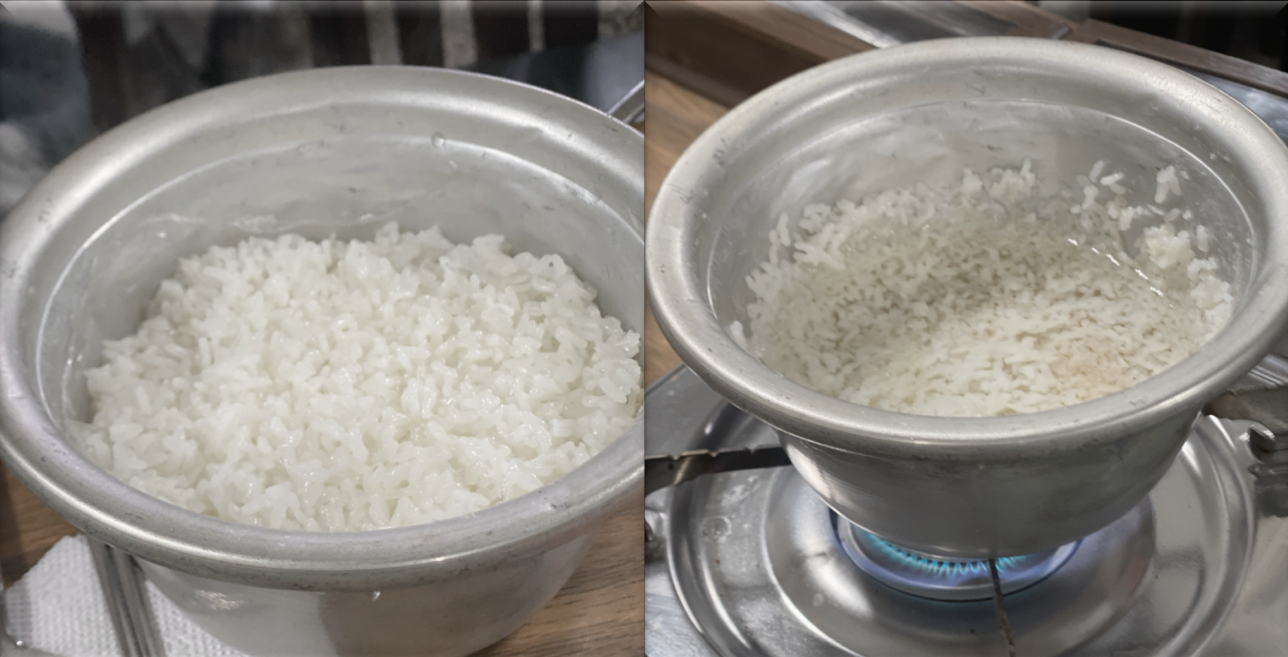 냄비밥 모습과 밥을 덜어내고 숭늉을 끓이는 모습