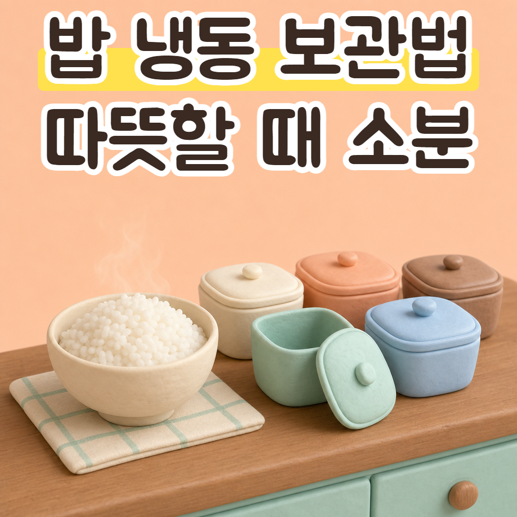 김이 오르는 갓 지은 밥과 작은 밀폐용기들