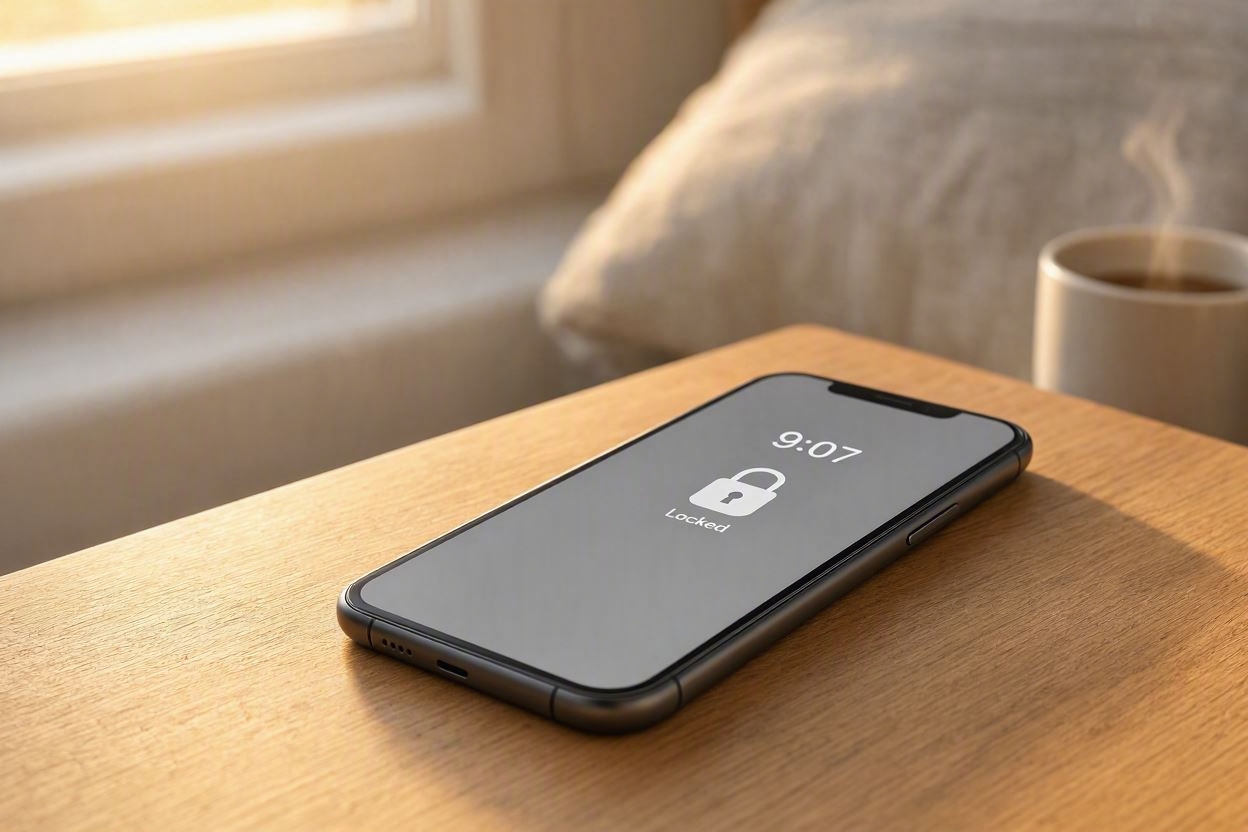 A clean smartphone displaying a secure lock screen in natural morning light.