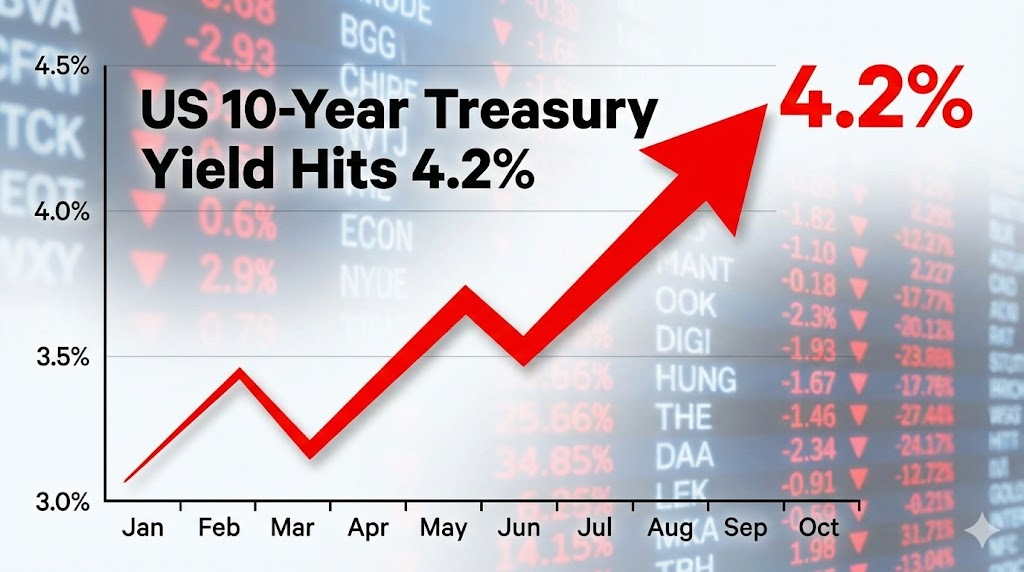미국 10년물 국채 금리가 가파르게 상승하여 4.2%에 도달했음을 보여주는 라인 차트입니다. 붉은색 상승 화살표와 "4.2%" 숫자를 강조하여 금리 급등이 시장에 주는 부담감을 명확하게 전달합니다. 배경의 붉은색 주식 티커는 이러한 금리 상승이 주식 시장 하락 압력으로 작용하고 있음을 암시합니다.