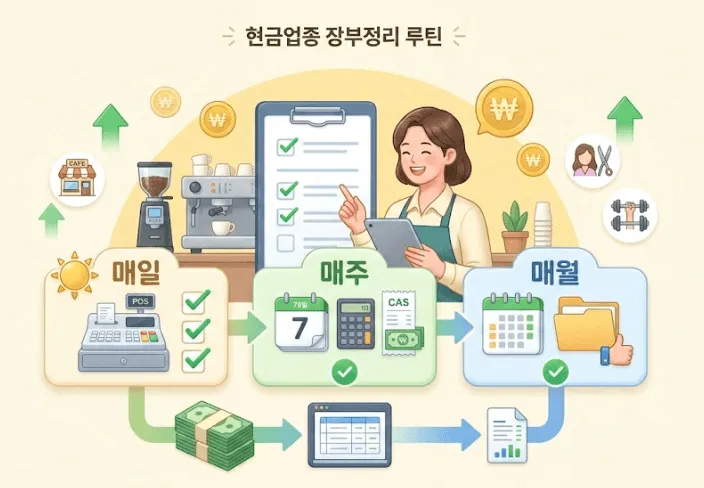 카페, 미용실 등 현금거래가 많은 업종을 위한 장부정리 루틴 시각화 자료. 매일 POS 마감, 매주 매출 대사, 매월 결산으로 이어지는 3단계 체크리스트 과정을 밝고 긍정적인 일러스트로 표현한 블로그 대표 이미지