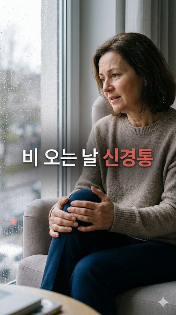 비 오는날 무릎 신경통으로 창밖을 보며 우울해 하는 중년 여성