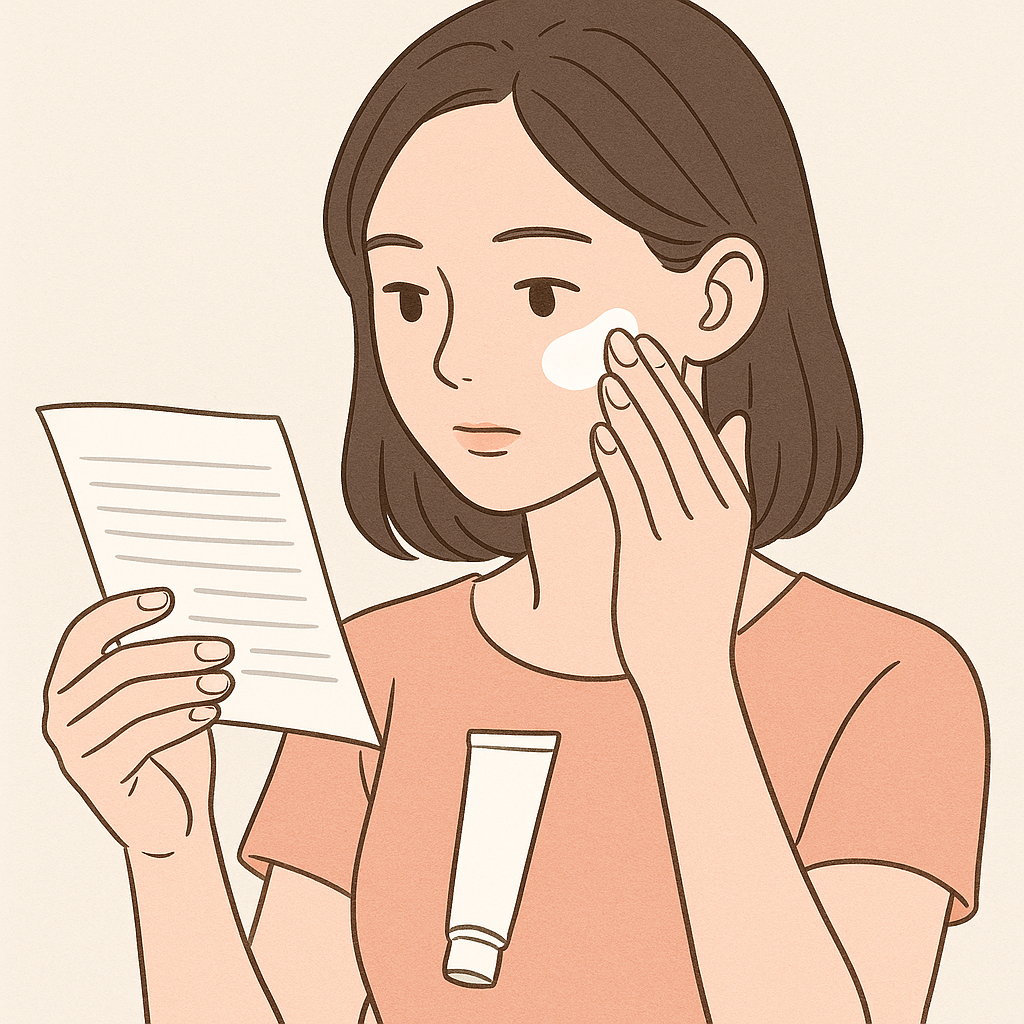 로션을-얼굴에-바르며-설명서를-진지하게-읽는-여성의-부드러운-일러스트