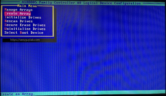 Adaptec RAID 설정 Create Array 선택 화면