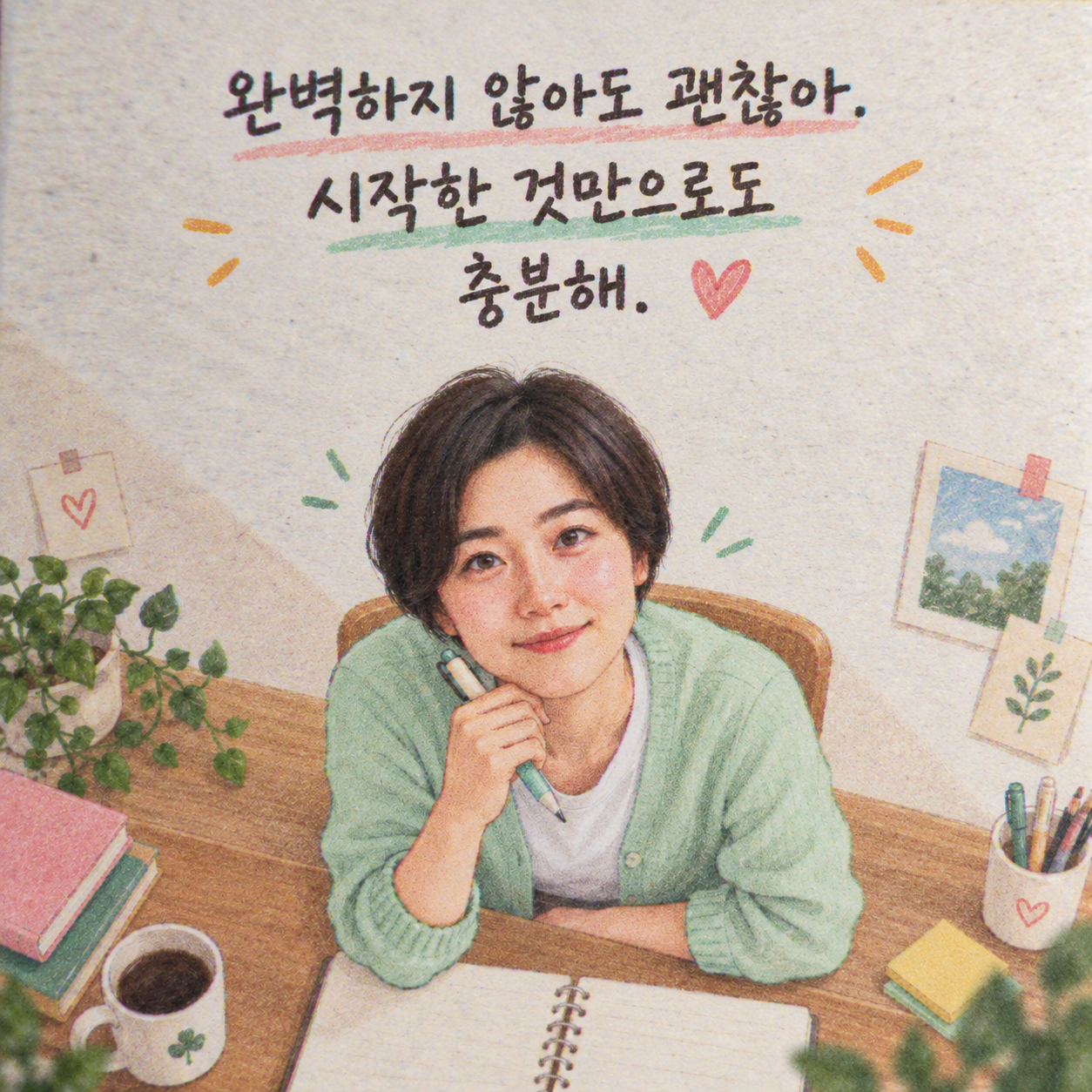 완벽하지 않아도 시작한 것만으로 충분하다는 응원 글귀