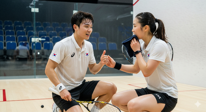 스쿼시 선수들이 서로 격려하는 모습