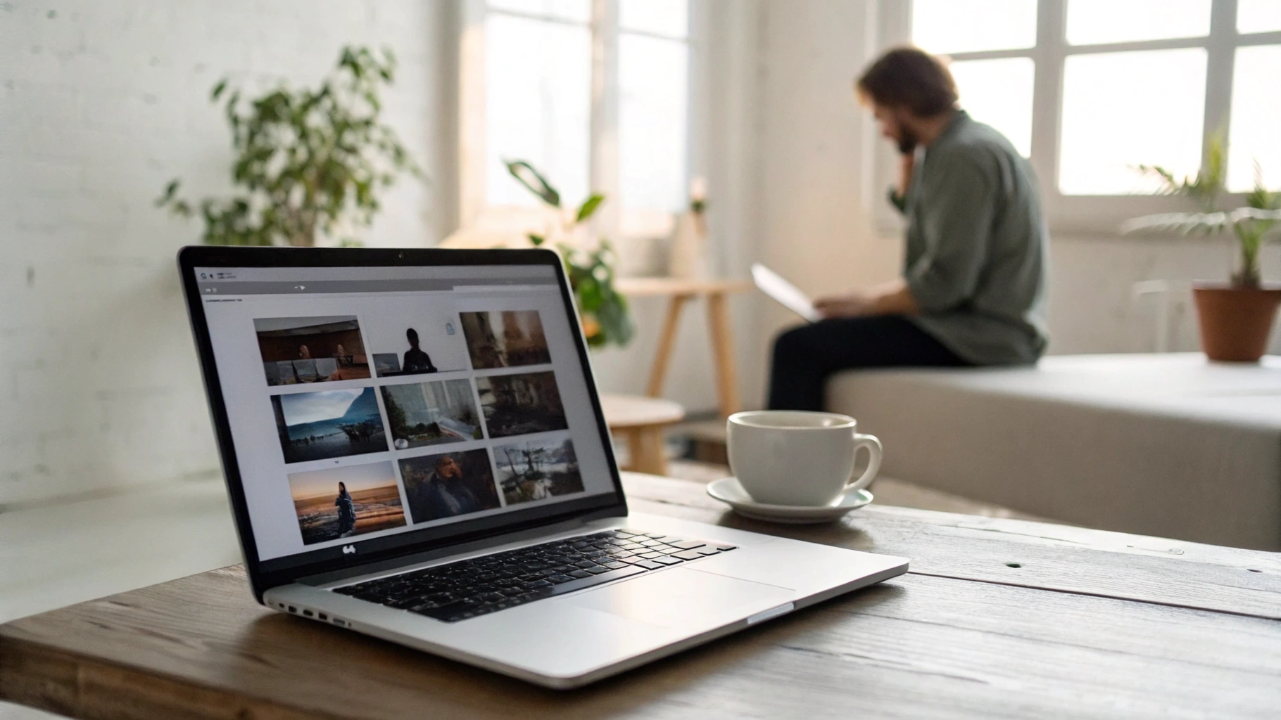 나무 테이블 위에 사진 갤러리가 열려 있는 노트북과 흰색 커피잔이 놓여 있고, 배경에는 소파에 앉아 노트북을 사용하는 남성이 흐릿하게 보이는 밝은 홈오피스 공간