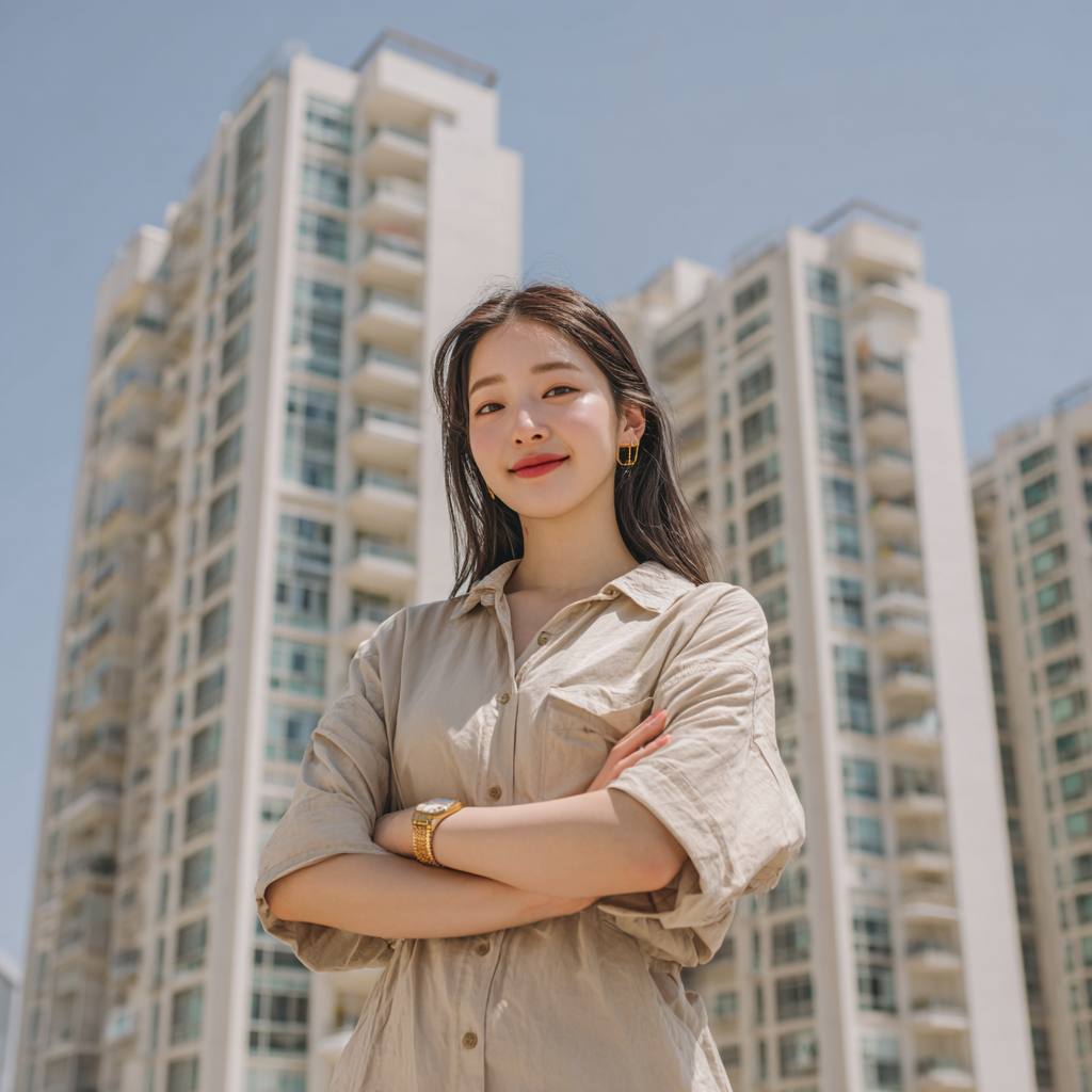 청약에 당첨되어 아파트 앞에서 미소를 짓고 있는 모습