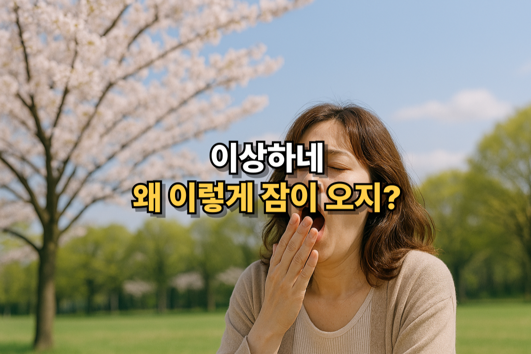봄철 춘공증으로 인해 하품하며 졸음을 느끼는 여성, 벚꽃 배경과 함께 '이상하네 왜 이렇게 잠이 오지?' 라는 문구가 있는 이미지