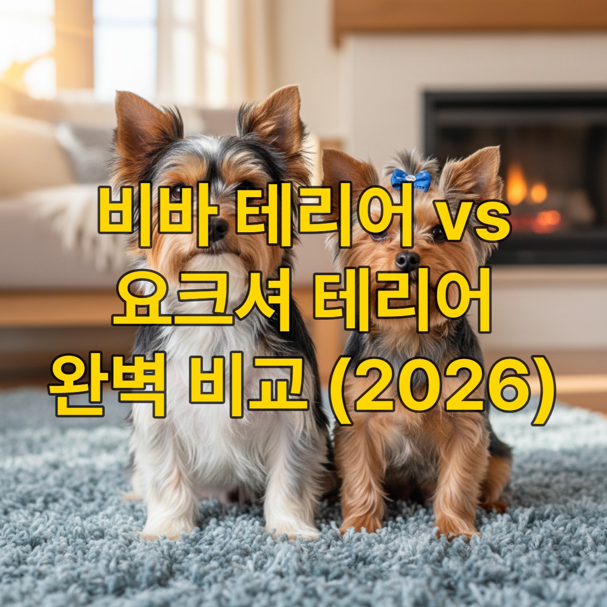 블루-그레이 톤의 푹신한 러그 위에 나란히 앉아 카메라를 바라보는 비바 테리어와 요크셔 테리어. 비바 테리어는 선명한 블랙, 화이트, 골드 삼색 털을, 요크셔 테리어는 실버-블루와 골드 톤의 비단 같은 털을 가지고 있다.