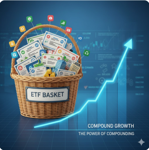 ETF를 상징하는 다양한 주식이 담긴 바구니와 복리 그래프