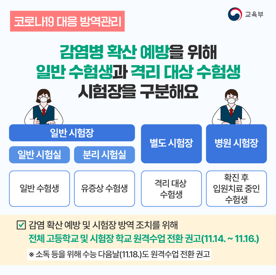 수능 일반 수험생과 격리대상 수험생 시험장 구분 안내자료