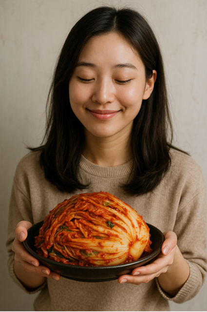 배추김치를 들고있는 젊은여자