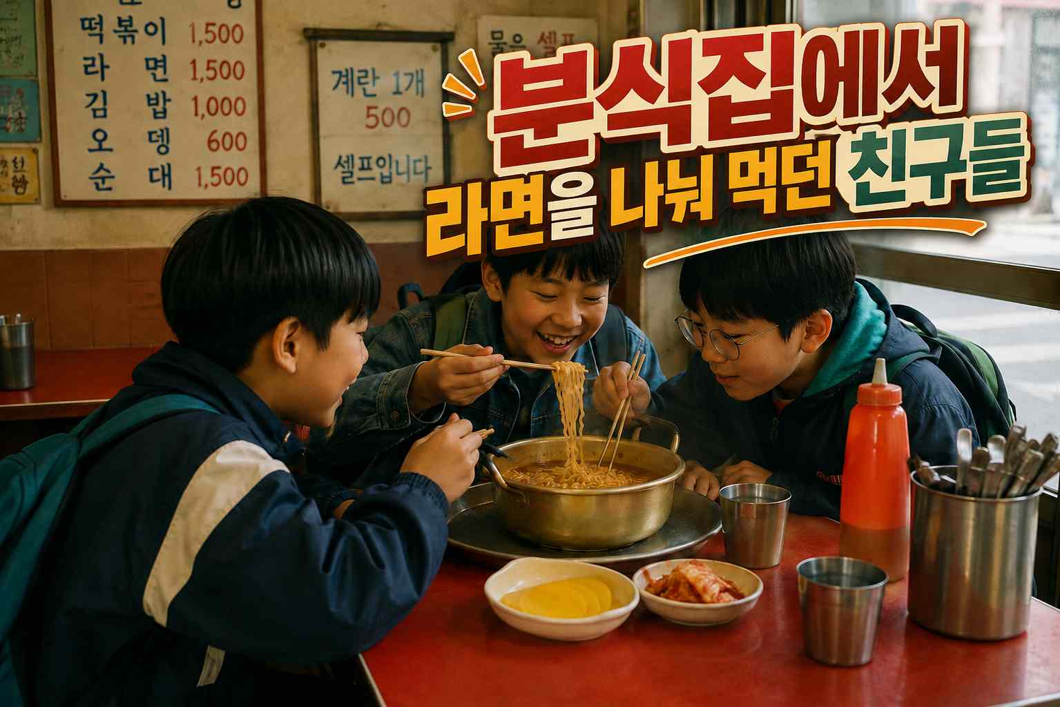 오래된 동네 분식집에서 세 친구가 한 냄비의 라면을 함께 나눠 먹는 모습