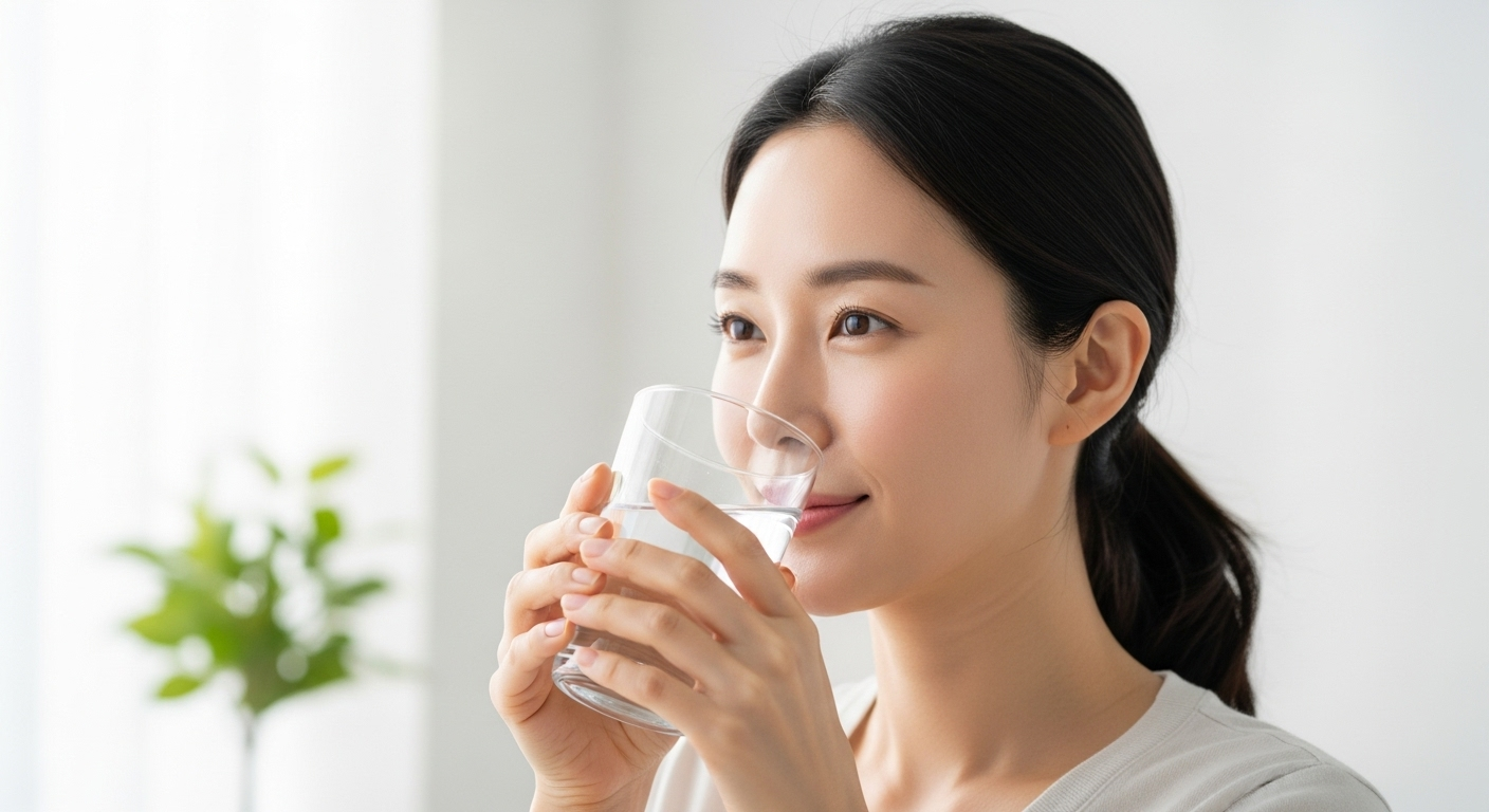 물 한잔을 마시는 한국인 여성 클로즈업