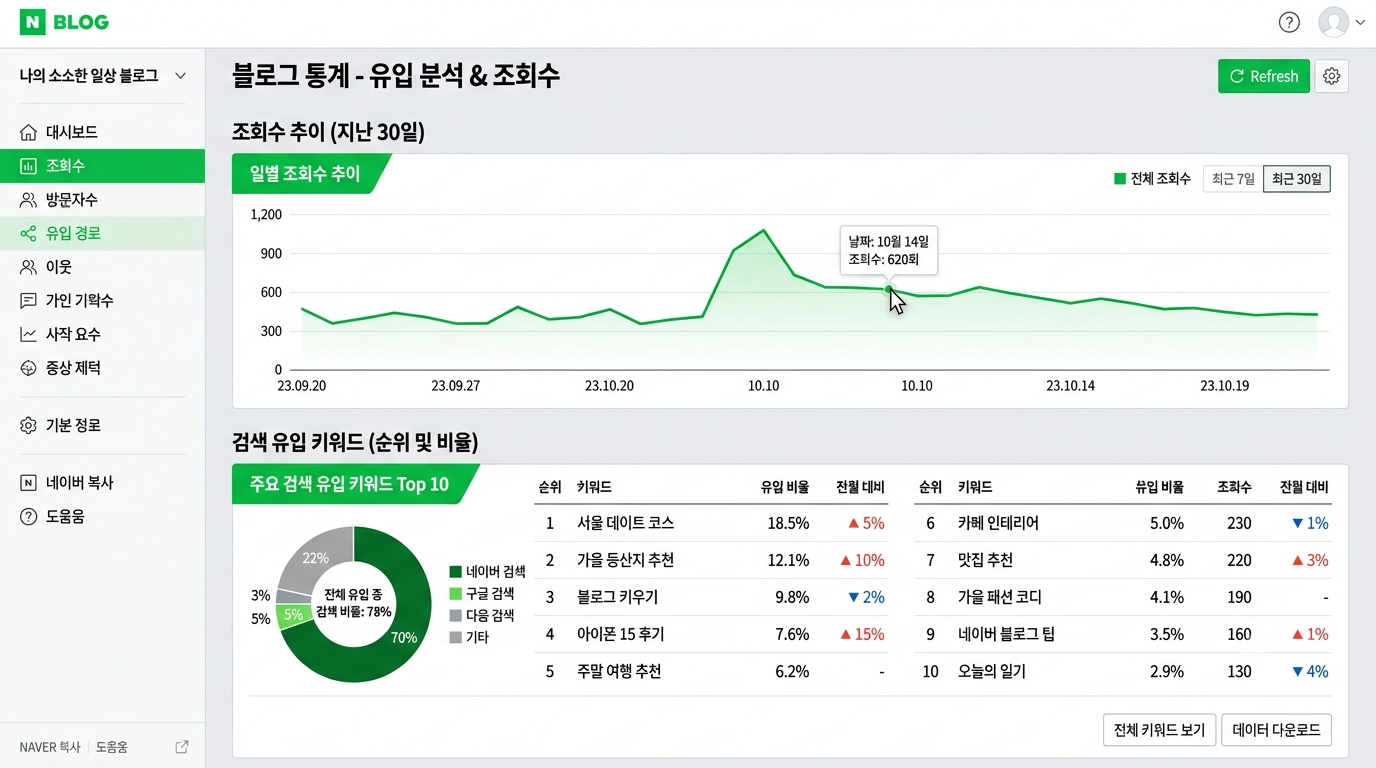 네이버 블로그 통계에서 검색 유입 키워드와 조회수 추이를 확인하는 화면