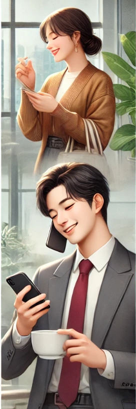 기분좋게 전화를 보거나 웃는 모습