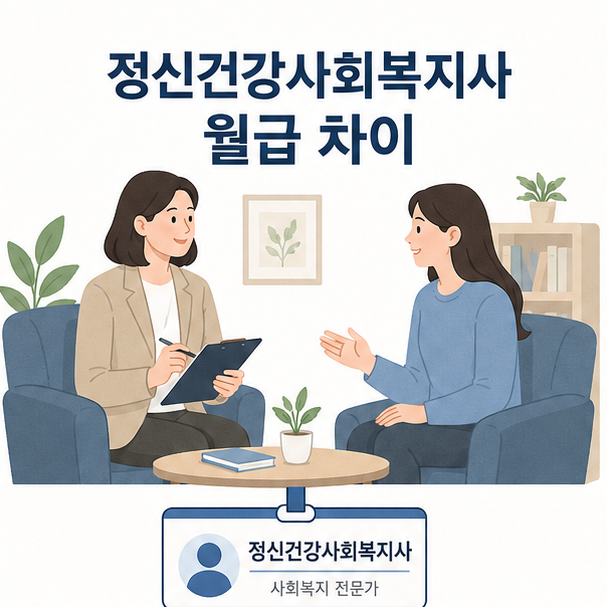 상담 장면과 사회복지사 아이콘을 배경으로 ‘정신건강사회복지사 월급 차이’라는 제목을 표시한 대표 이미지