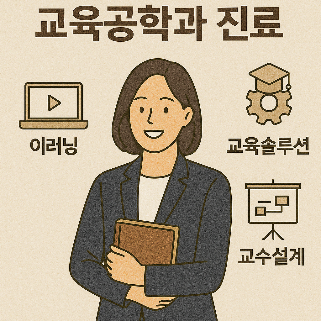 교육공학과 진로 포스터로, 이러닝, 교육솔루션, 교수설계 분야를 중심으로 한 여성과 함께 설명한 일러스트. 베이지 배경 사용