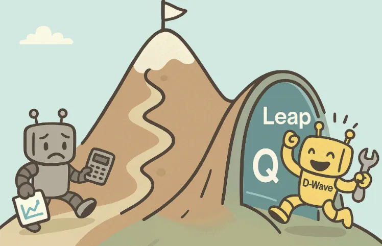 "산을 힘겹게 오르는 회색 로봇과, 터널을 통해 빠르게 진입하는 노란색 D-Wave 로봇을 그린 일러스트. 터널 위에는 'Leap'와 'Q'가 표시되어 있음."