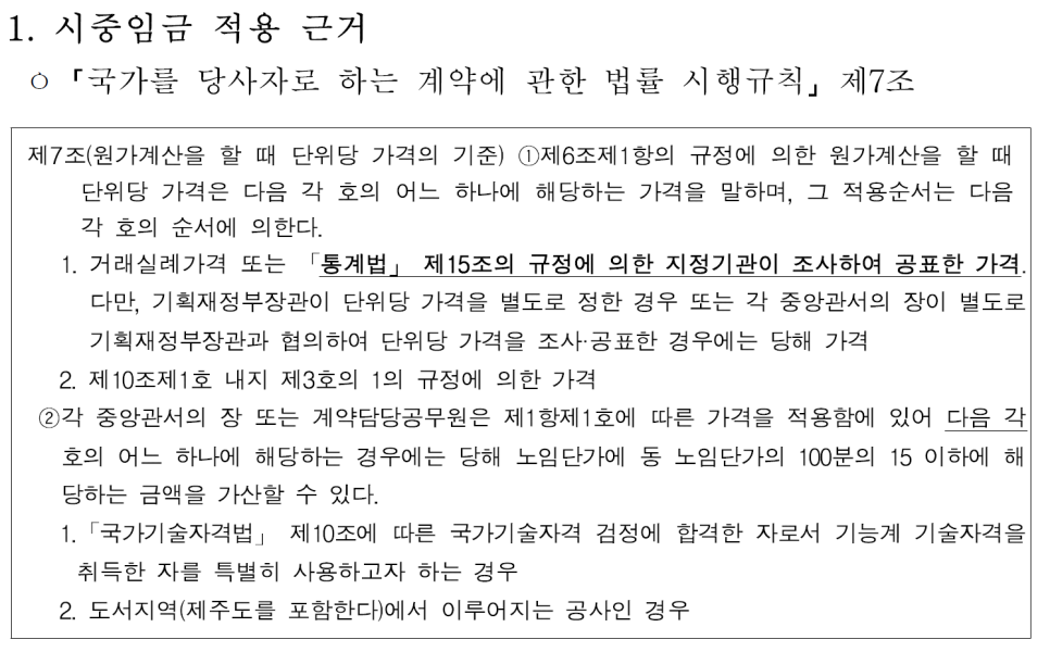 시중임금 적용 근거 요약 이미지(법령 시행규칙 기준)