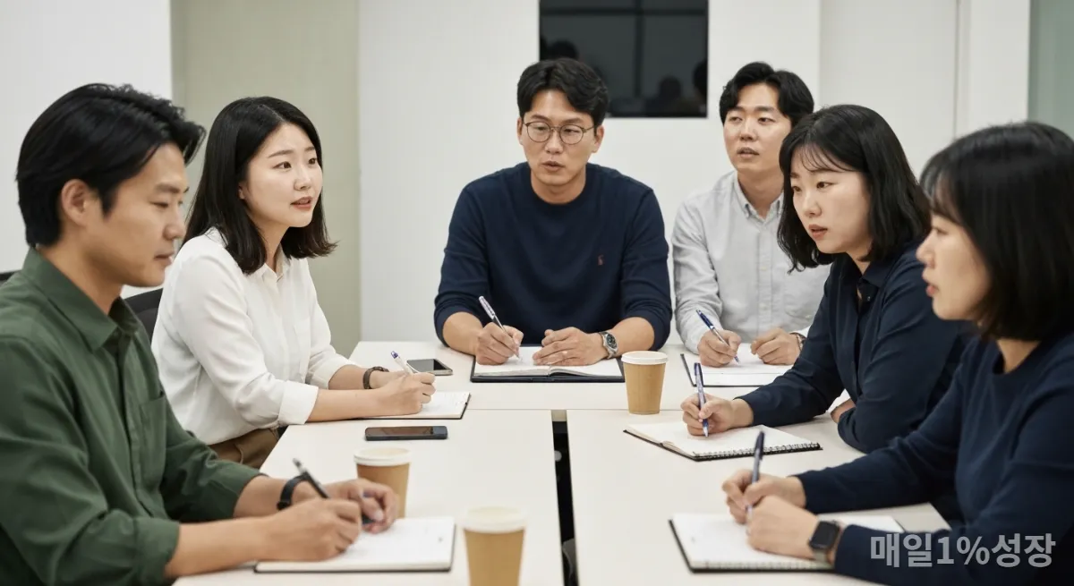 디지털 단절권과 워라밸에 대해 논의하는 한국인 직장인들의 워크숍 모습